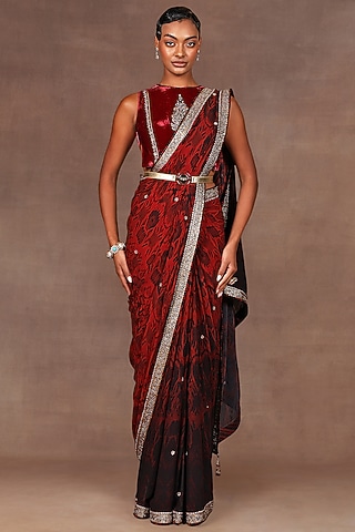 Ruby Red Silk Sequins Embroidered Saree Set by Jj Valaya
