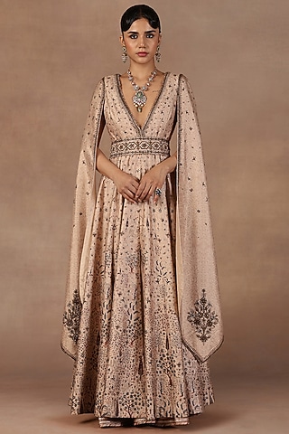 Almond Ivory Silk Sequins Embroidered Jacket Set by Jj Valaya