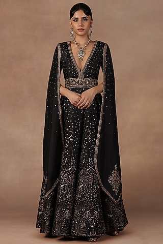 Black Silk Sequins Embroidered Jacket Set by Jj Valaya