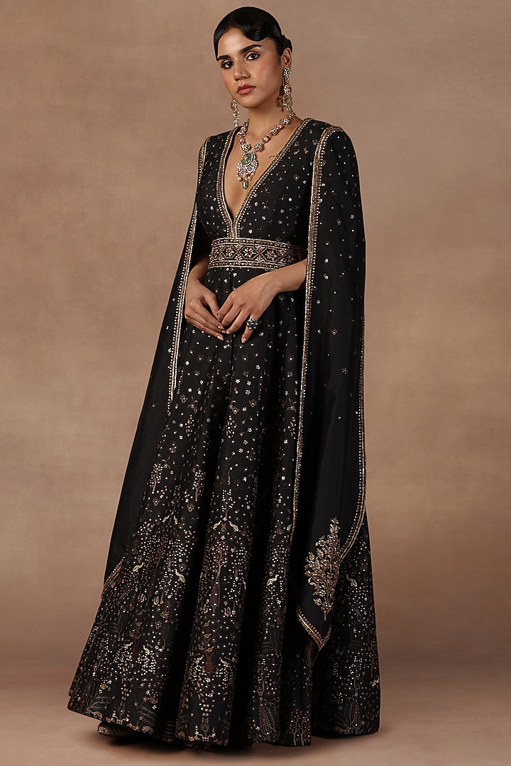 Black Silk Sequins Embroidered Jacket Set by Jj Valaya at Pernia's Pop Up Shop