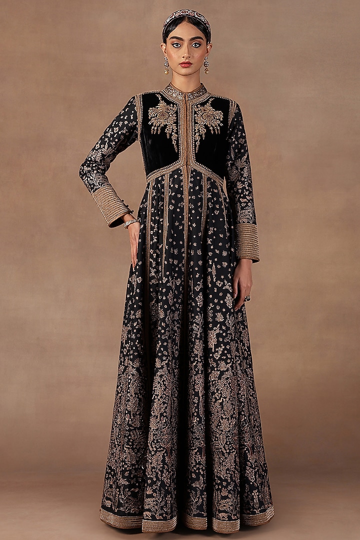 Midnight Blue Silk Zardosi Embroidered Bridal Anarkali Set by Jj Valaya at Pernia's Pop Up Shop