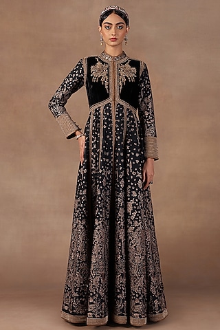 Midnight Blue Silk Zardosi Embroidered Anarkali Set by Jj Valaya