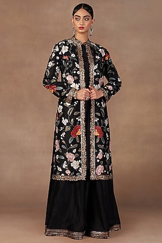 Deep Black Silk Sequins Embroidered Jacket Set by Jj Valaya