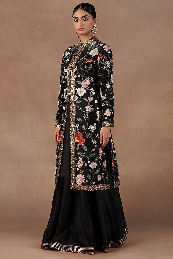 Deep Black Silk Sequins Embroidered Jacket Set by Jj Valaya at Pernia's Pop Up Shop