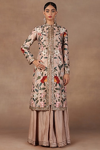 Soft Pink Silk Sequins Embroidered Jacket Set by Jj Valaya