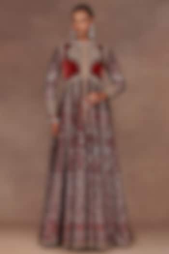 Burgundy Silk Zardosi Embroidered Bridal Anarkali Set by Jj Valaya at Pernia's Pop Up Shop