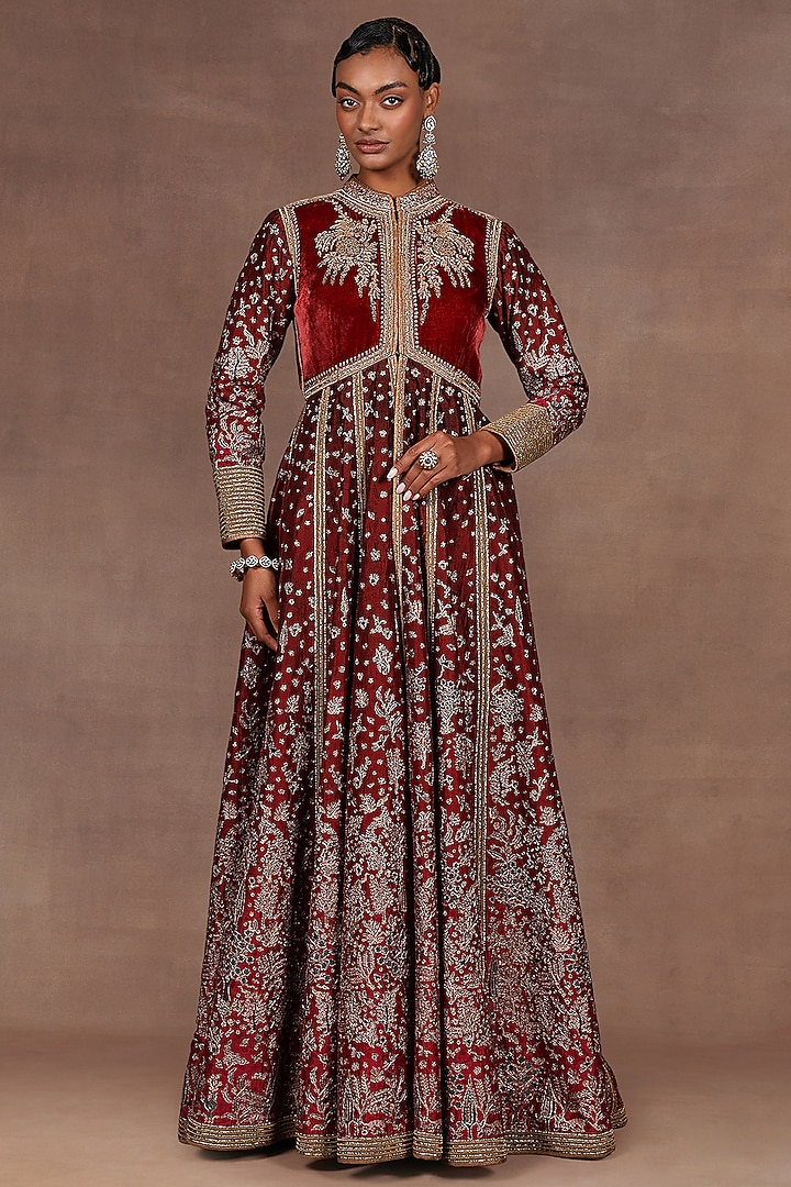 Burgundy Silk Zardosi Embroidered Bridal Anarkali Set by Jj Valaya at Pernia's Pop Up Shop