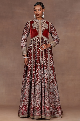 Burgundy Silk Zardosi Embroidered Anarkali Set by Jj Valaya
