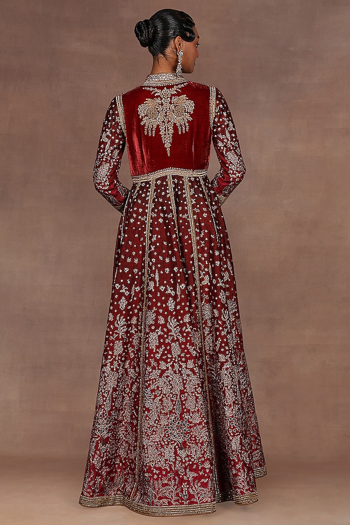 Burgundy Silk Zardosi Embroidered Bridal Anarkali Set by Jj Valaya at Pernia's Pop Up Shop
