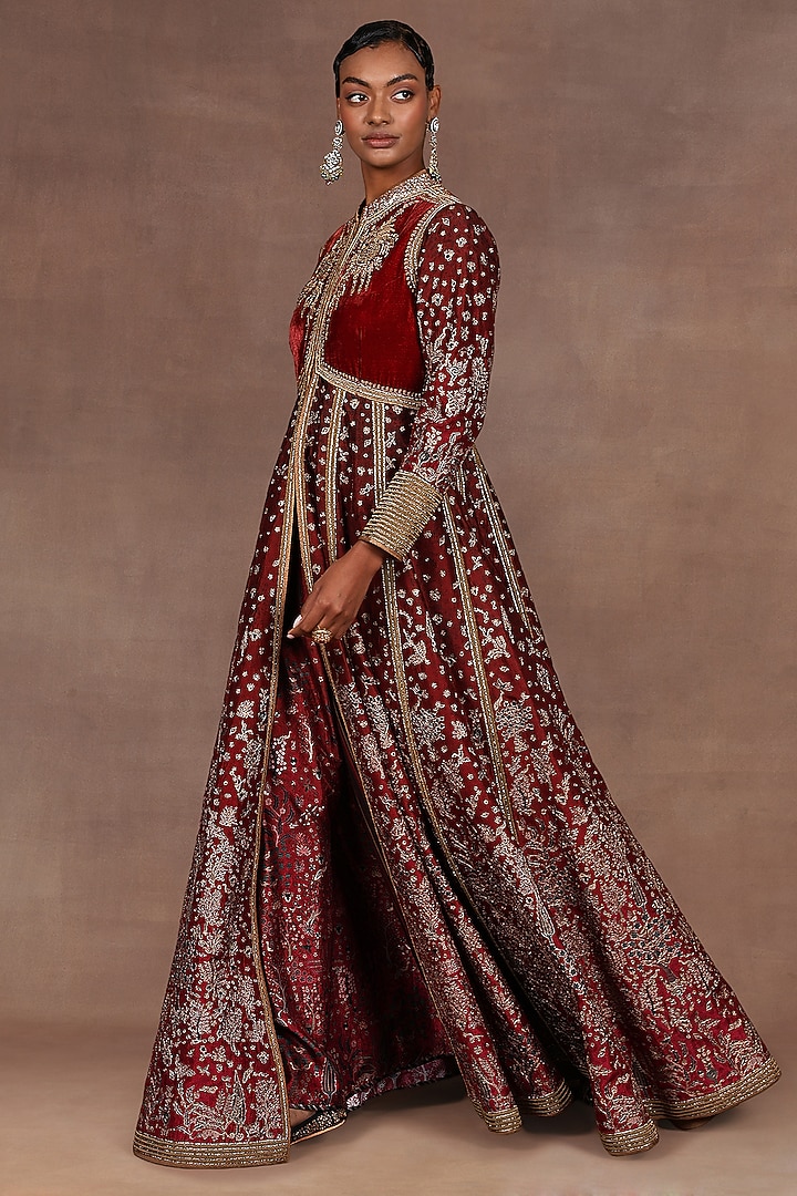 Burgundy Silk Zardosi Embroidered Bridal Anarkali Set by Jj Valaya at Pernia's Pop Up Shop