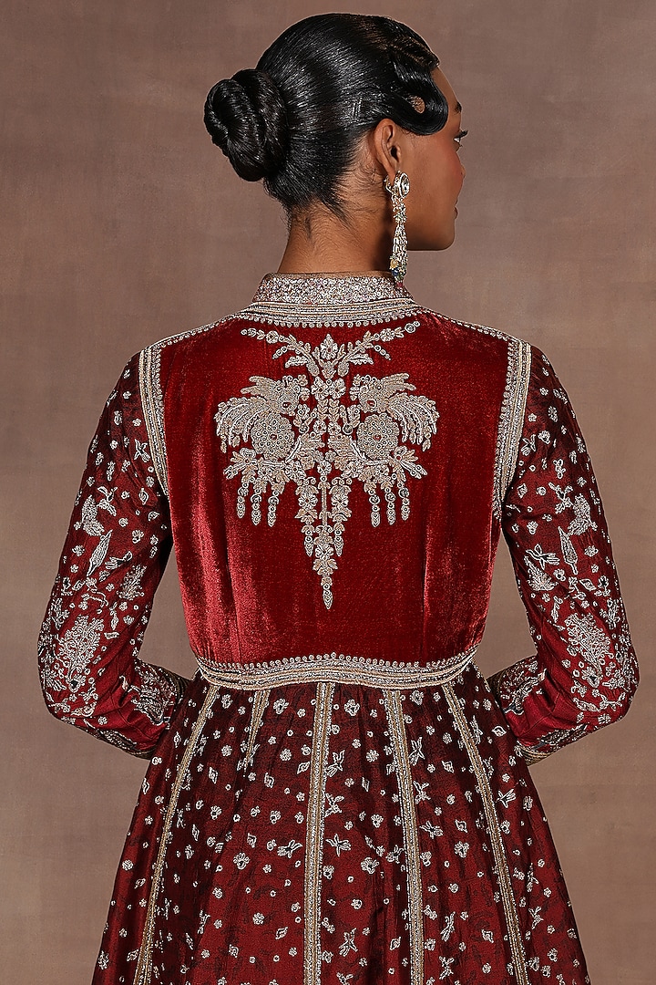 Burgundy Silk Zardosi Embroidered Bridal Anarkali Set by Jj Valaya at Pernia's Pop Up Shop
