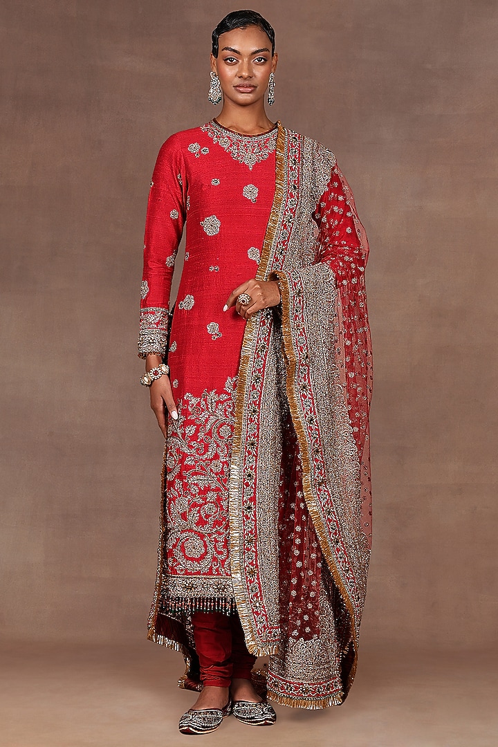 Cherry Red Silk Sequins Embroidered Tunic Set by Jj Valaya at Pernia's Pop Up Shop