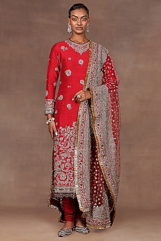 Cherry Red Silk Sequins Embroidered Tunic Set by Jj Valaya