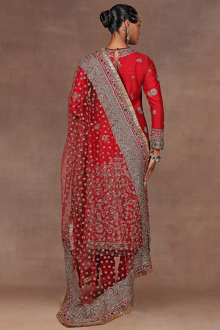 Cherry Red Silk Sequins Embroidered Tunic Set by Jj Valaya at Pernia's Pop Up Shop