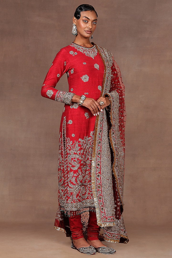 Cherry Red Silk Sequins Embroidered Tunic Set by Jj Valaya at Pernia's Pop Up Shop