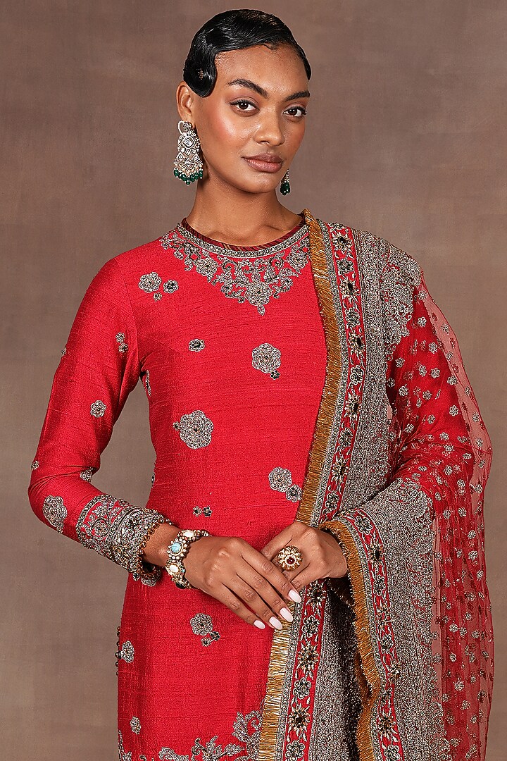 Cherry Red Silk Sequins Embroidered Tunic Set by Jj Valaya at Pernia's Pop Up Shop
