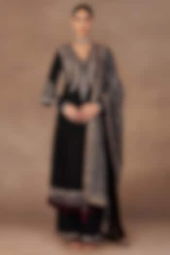 Black Silk Applique Embroidered Tunic Set by JJ Valaya at Pernia's Pop Up Shop