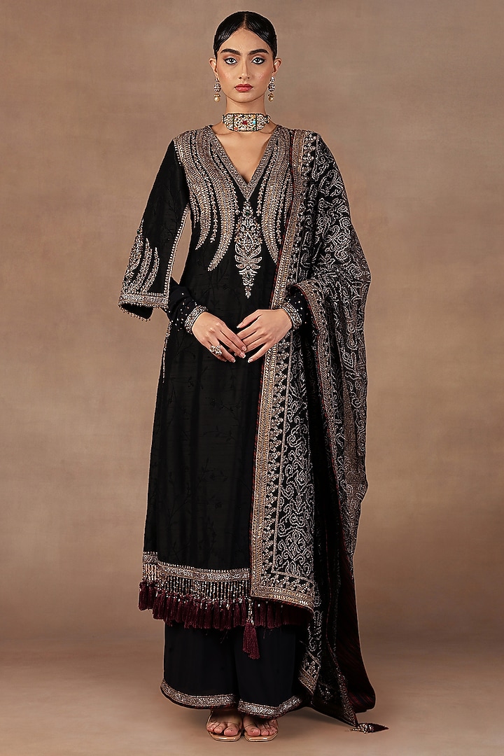 Black Silk Applique Embroidered Tunic Set by JJ Valaya at Pernia's Pop Up Shop