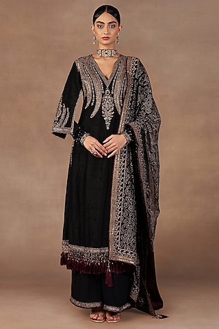 Black Silk Applique Embroidered Tunic Set by JJ Valaya