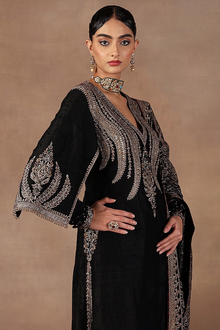 Black Silk Applique Embroidered Tunic Set by JJ Valaya at Pernia's Pop Up Shop