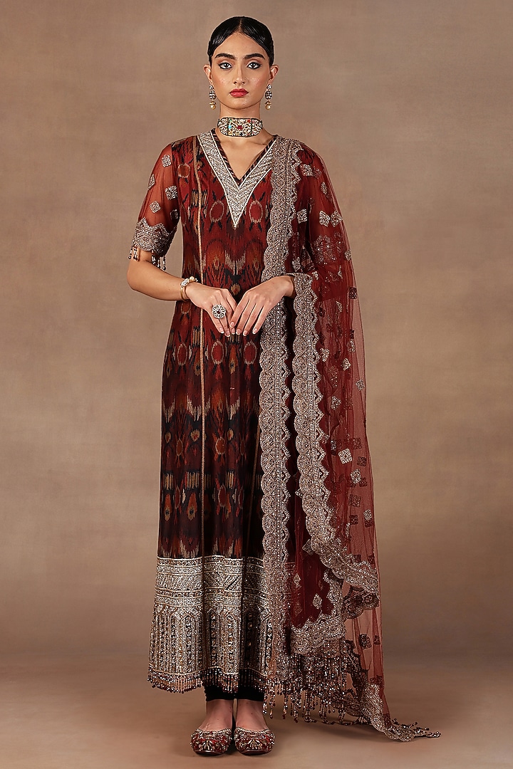 Red & Burgundy Ombre Silk Sequins Embroidered Tunic Set by JJ Valaya at Pernia's Pop Up Shop
