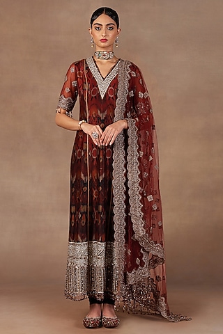 Red & Burgundy Ombre Silk Sequins Embroidered Tunic Set by JJ Valaya