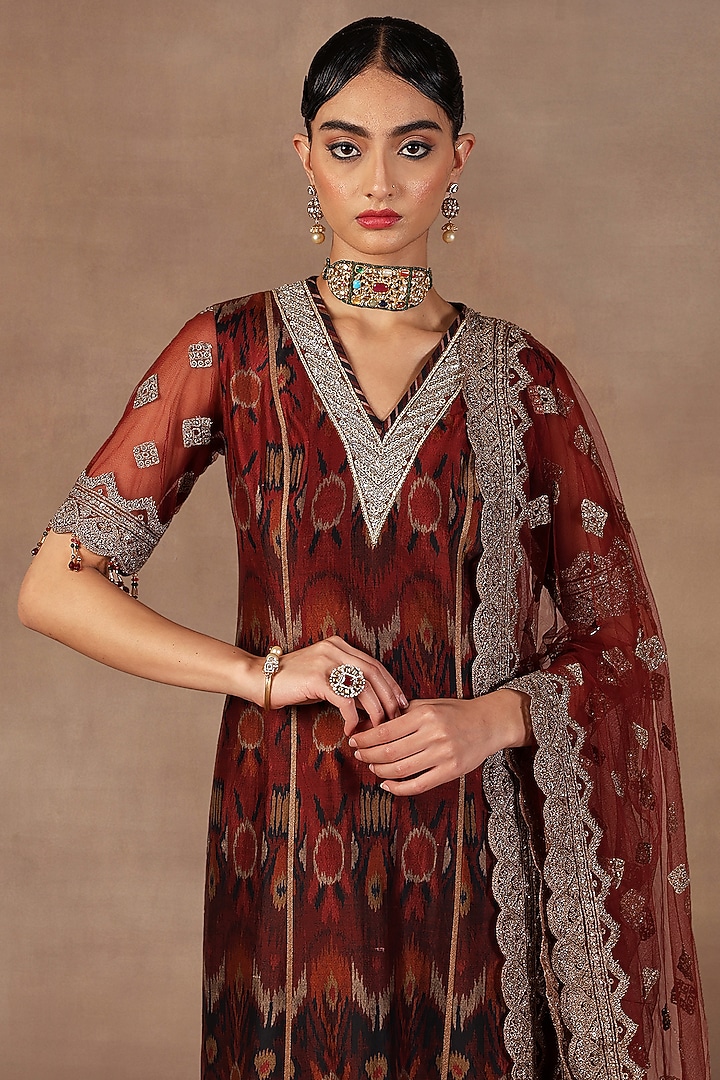 Red & Burgundy Ombre Silk Sequins Embroidered Tunic Set by JJ Valaya at Pernia's Pop Up Shop