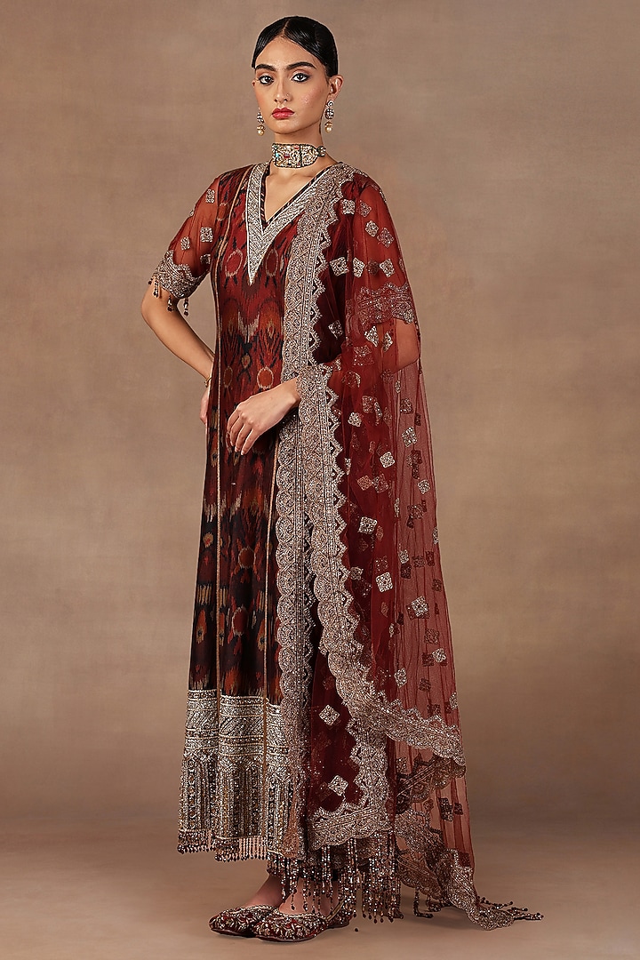 Red & Burgundy Ombre Silk Sequins Embroidered Tunic Set by JJ Valaya at Pernia's Pop Up Shop