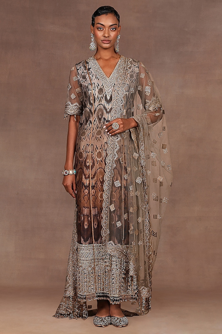 Chocolate Brown Ombre Silk Sequins Embroidered Tunic Set by JJ Valaya at Pernia's Pop Up Shop