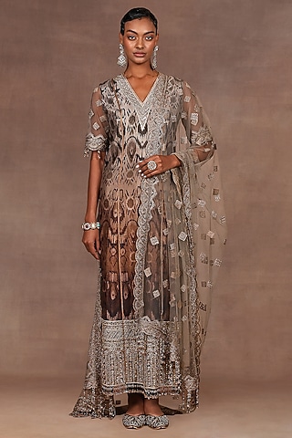 Chocolate Brown Ombre Silk Sequins Embroidered Tunic Set by JJ Valaya