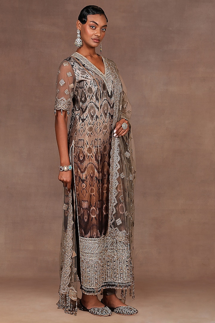 Chocolate Brown Ombre Silk Sequins Embroidered Tunic Set by JJ Valaya at Pernia's Pop Up Shop