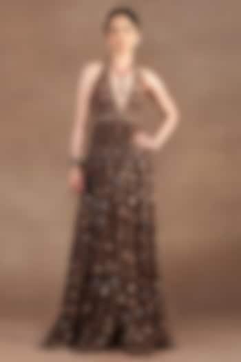 Umber Brown Silk Georgette Printed & Embroidered Party Wear Dress by JJ Valaya at Pernia's Pop Up Shop