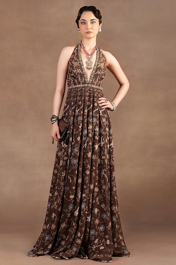 Umber Brown Silk Georgette Printed & Embroidered Party Wear Dress by JJ Valaya at Pernia's Pop Up Shop