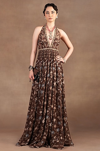 Umber Brown Silk Georgette Printed & Embroidered Dress by JJ Valaya