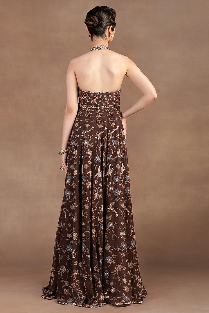 Umber Brown Silk Georgette Printed & Embroidered Party Wear Dress by JJ Valaya at Pernia's Pop Up Shop