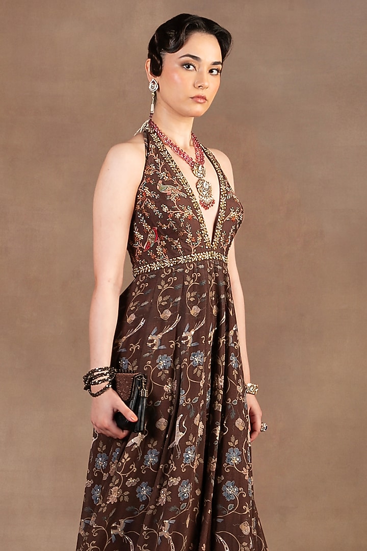 Umber Brown Silk Georgette Printed & Embroidered Party Wear Dress by JJ Valaya at Pernia's Pop Up Shop