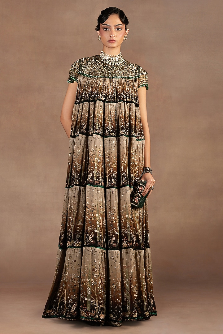 Chocolate Brown Ombre Georgette Crystal Embroidered Party Wear Dress by JJ Valaya at Pernia's Pop Up Shop