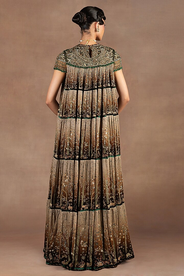 Chocolate Brown Ombre Georgette Crystal Embroidered Party Wear Dress by JJ Valaya at Pernia's Pop Up Shop