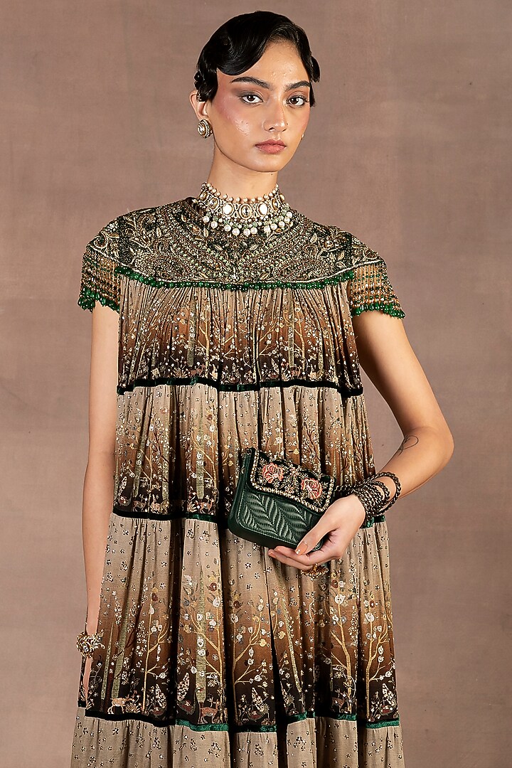 Chocolate Brown Ombre Georgette Crystal Embroidered Party Wear Dress by JJ Valaya at Pernia's Pop Up Shop