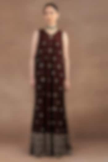 Burgundy Tulle Zari Embroidered Maxi Party Wear Dress by JJ Valaya at Pernia's Pop Up Shop