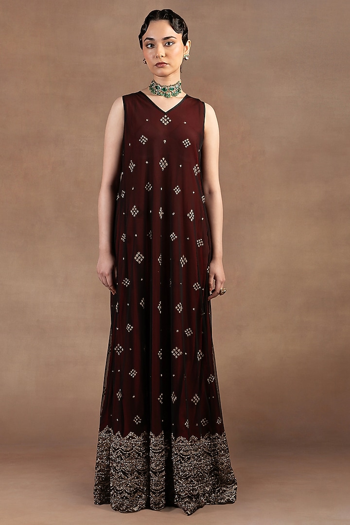 Burgundy Tulle Zari Embroidered Maxi Party Wear Dress by JJ Valaya at Pernia's Pop Up Shop