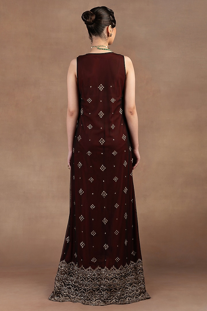 Burgundy Tulle Zari Embroidered Maxi Party Wear Dress by JJ Valaya at Pernia's Pop Up Shop