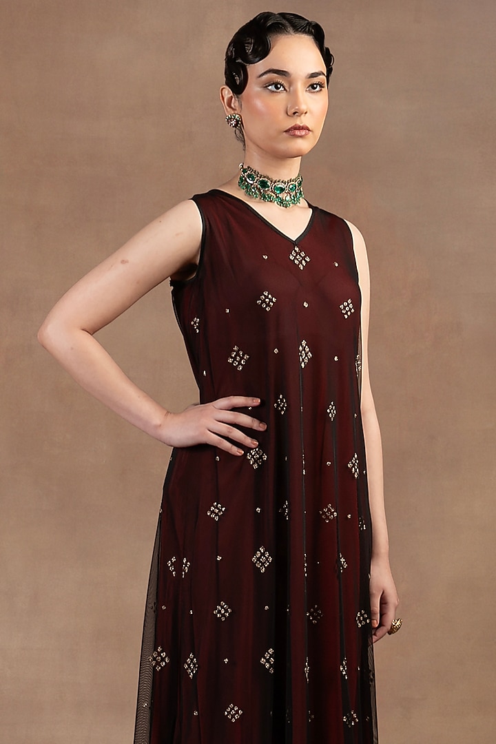 Burgundy Tulle Zari Embroidered Maxi Party Wear Dress by JJ Valaya at Pernia's Pop Up Shop