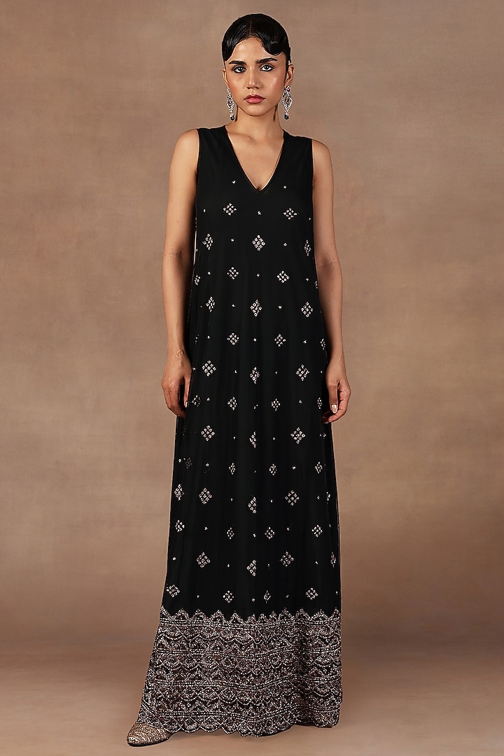 Emerald Green Tulle Sequins Embroidered Maxi Party Wear Dress by JJ Valaya at Pernia's Pop Up Shop