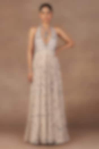 Pearl Ivory Silk Georgette Sequins Embroidered Maxi Party Wear Dress by JJ Valaya at Pernia's Pop Up Shop