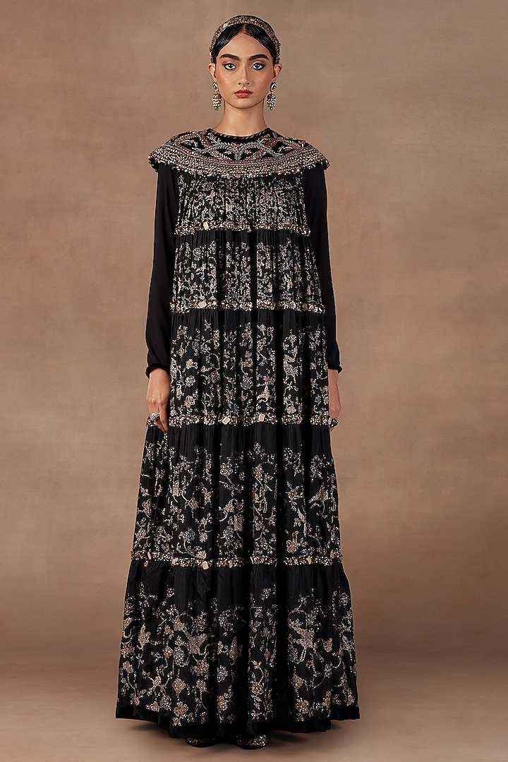 Black Silk Crystal Embroidered Maxi Party Wear Dress by JJ Valaya at Pernia's Pop Up Shop