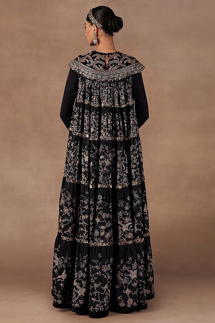 Black Silk Crystal Embroidered Maxi Party Wear Dress by JJ Valaya at Pernia's Pop Up Shop