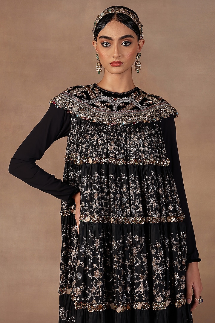 Black Silk Crystal Embroidered Maxi Party Wear Dress by JJ Valaya at Pernia's Pop Up Shop