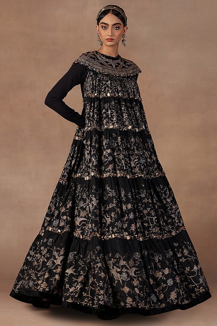 Black Silk Crystal Embroidered Maxi Party Wear Dress by JJ Valaya at Pernia's Pop Up Shop