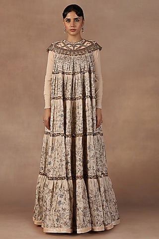 Ivory Silk Crystal Embroidered Maxi Dress by JJ Valaya